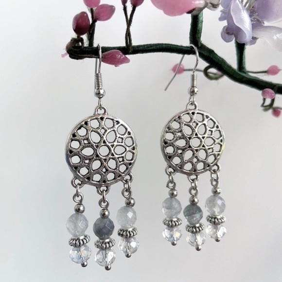 Silverskylight Jewelry - Smokey quartz beads dream catcher boho earrings
